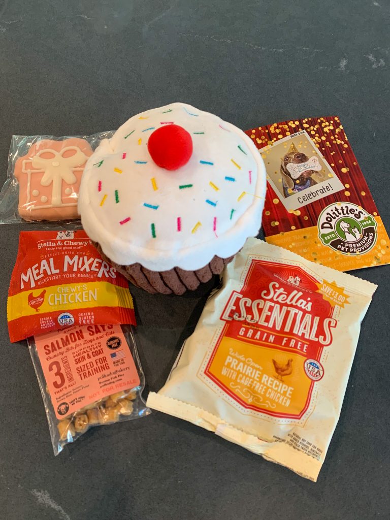 Treats and toys from Dolittle’s dog birthday goodie bag
