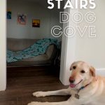 Yellow lab Lemon lays in front of her under stairs dog cove.