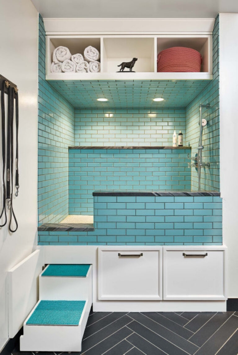 A custom teal tiled dog washing station with stairs